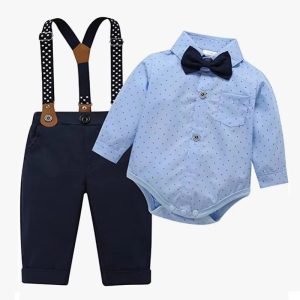 Boys Stylish 2pc Set: Long Sleeved Shirt, Bowtie, Trouser with Belt