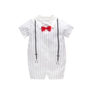 Romper white with stripes & red bowtie