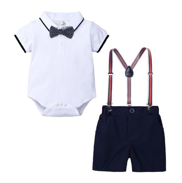 Adorable Bowtied White Short-Sleeved Boys' Cloth Set