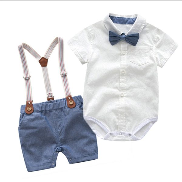 Adorable Bowtied White Short-Sleeved Boys' Cloth Set