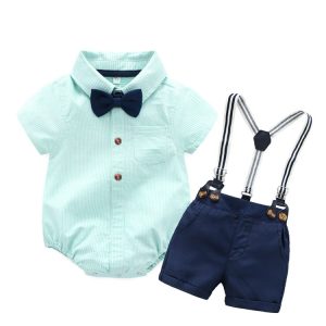 Adorable Boys' Green Bowtie Short-Sleeved Clothing Set